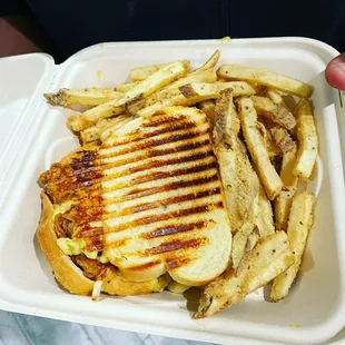 Homemade 6 Cheese Bacon and Jalapeño Mac'n Cheese with Homemade Buttermilk Fried Chicken Panini Sandwich with Homemade Sweet Legacy Fries