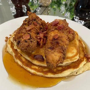 Homemade Buttermilk Pancakes with Homemade Buttermilk Fried Chicken topped with crumbled bacon