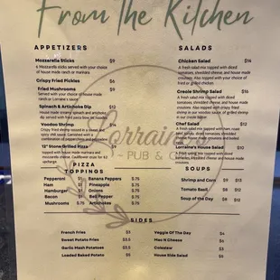Dinner menu