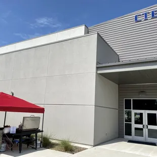 the entrance to a restaurant