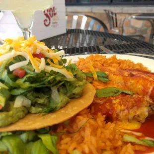 Chile relleno, bean burrito and guac tostada combo