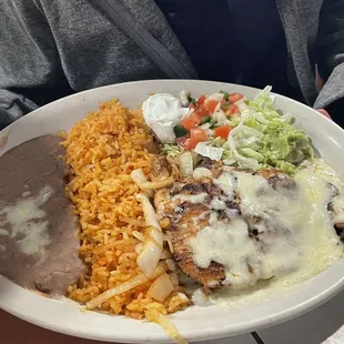 Lunch Mini Pechuga Asada, grilled chicken covered in Monterey Jack cheese.