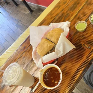 Birria Torta with a medium horchata