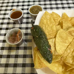 Chips and salsas from the salsa bar