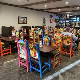 colorful chairs and tables