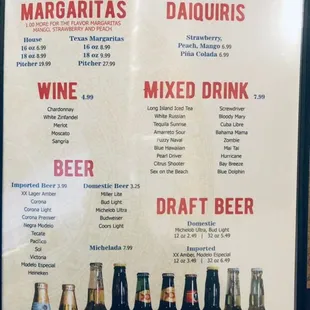 a menu for a variety of beverages