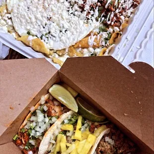 Chilaquiles ($10), Tacos ($3 each, Al Pastor, Carne Asada, Chicken)