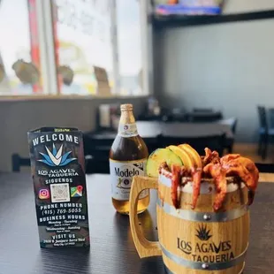Micheladas Now available ‼ This one michelada Bazuca a caguama with spicy shrimp  We also have regular micheladas