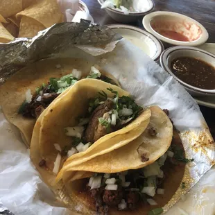 From left to right: chorizo, carnitas, and diablo tacos