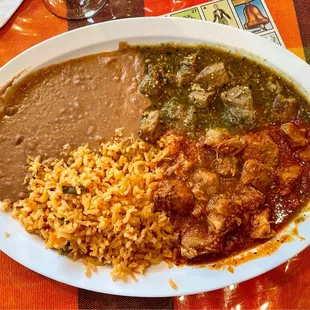 Combo plate with red spicy pork and mild green pork