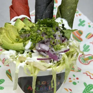 Santas flautas: chicken ,red Chile tortilla ,blue corn tortilla and cactus leaf tortilla.