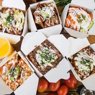 Chilaquiles Box red or green with asada, pastor or chicken. Birria available for extra charge