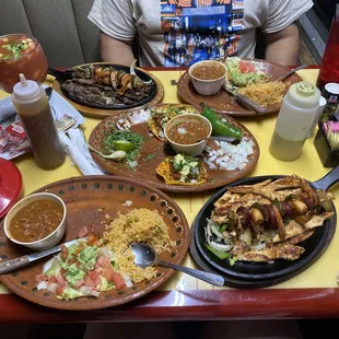 Chicken fajita parriada, beef parriada, shrimp cocktail, street tacos