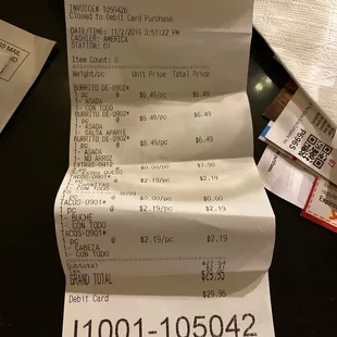 What we paid for 3 burritos and 3 tacos, not bad!!