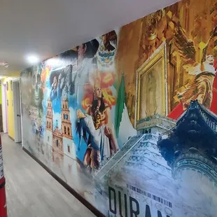 a hallway with a fire extinguisor