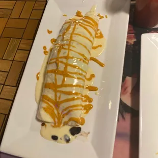 a banana with caramel drizzle
