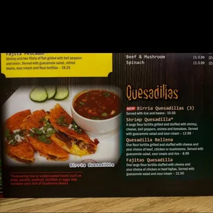 a menu for quesadillas