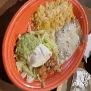 Rice and beans with fajita toppings !