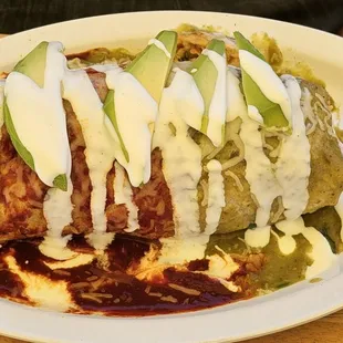 Wet burrito with both red and green salsa options