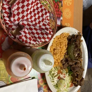 Steak &apos;Bistec&apos; Fajita, tortillas, salsa verde and roja