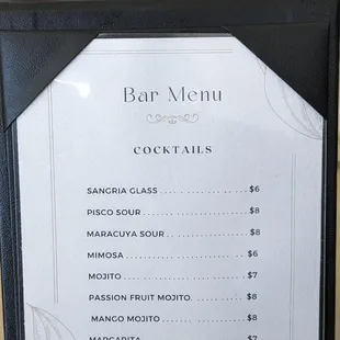 Bar menu