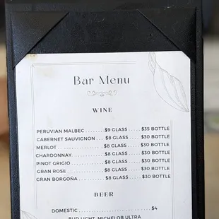 Bar menu