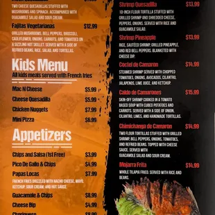 Vegetarian Dishes
Kids Menu 
Appetizers 
Seafood