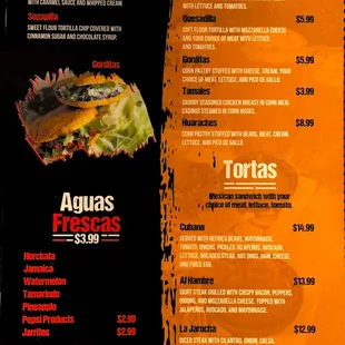 Desserts
Aguas Frescas
A la Carte
Tortas