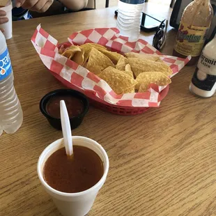 Free fish broth soup &amp; chips served before lunch. I enjoyed both. April 2018.