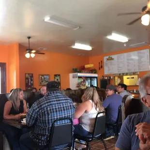 Clean, service is slow. However, the place was packed and there was people at every table. We were lucky to even get a table.