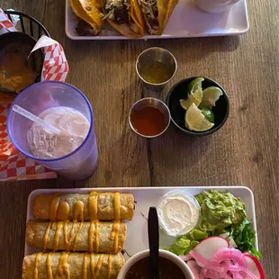 Quesabirria tacos, birria taquitos, horchata