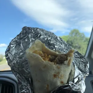 Sausage Breakfast Burrito with Green Chilli inside