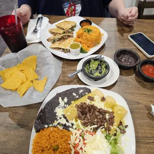 Birria Quesadilla and steak Verde cheese enchiladas
