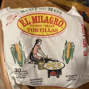 a bag of el milagro tortillas