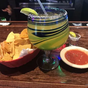 Jumbo Margarita $9.99, shot of Patron, Chips and Salsa