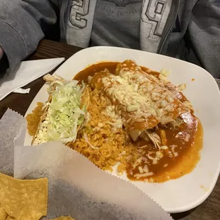 Combo 12. Two Enchiladas, Taco and Rice Combo