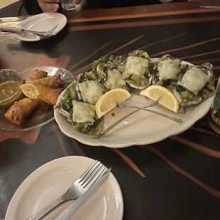 Egg roll and Southwestern Oysters yum!