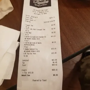 the receipt for the restaurant