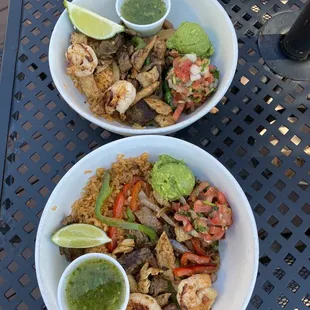 Texas Burrito Bowl (split) - chicken breast, steak, shrimp, peppers and onions, and pinto beans and rice