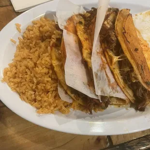 Birria Tacos and rice