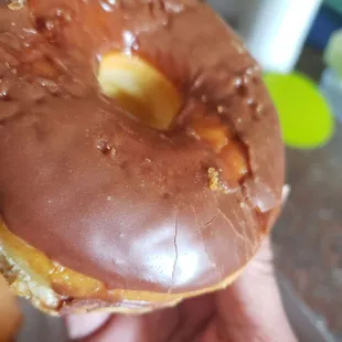 a hand holding a chocolate donut