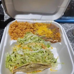 #1 combo plate - 2 tacos, rice and beans (but really 75% lettuce)