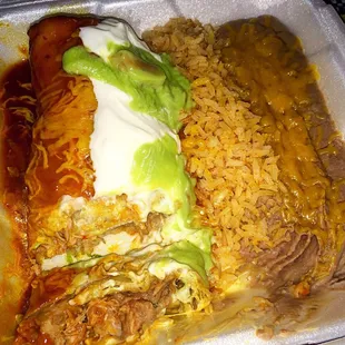 Chicken Chimichanga with a side of beans &amp; rice.