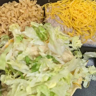 Beef tacos, rice and beans