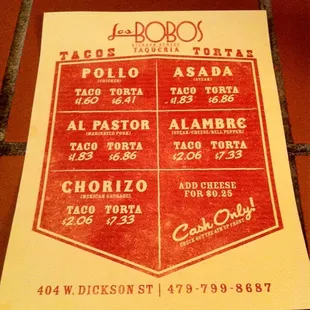 The menu, as of 9/26/2013.