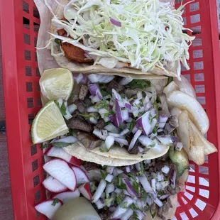 (From top to bottom) shrimp, tongue, asada