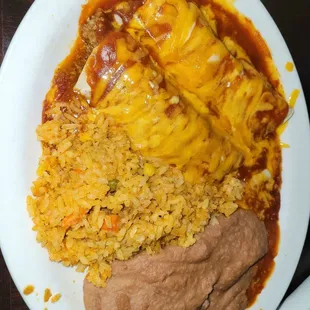 Beef enchiladas, rice and beans, good.