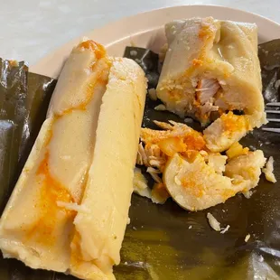 Baby corn tamales with chicken &amp; potato wrapped in a banana leaf