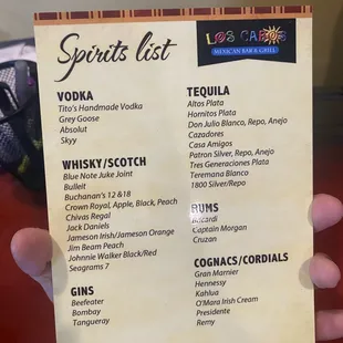 a menu for spirits