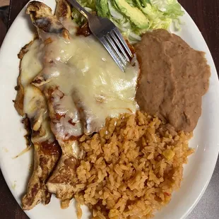 Chicken, beans and rice.